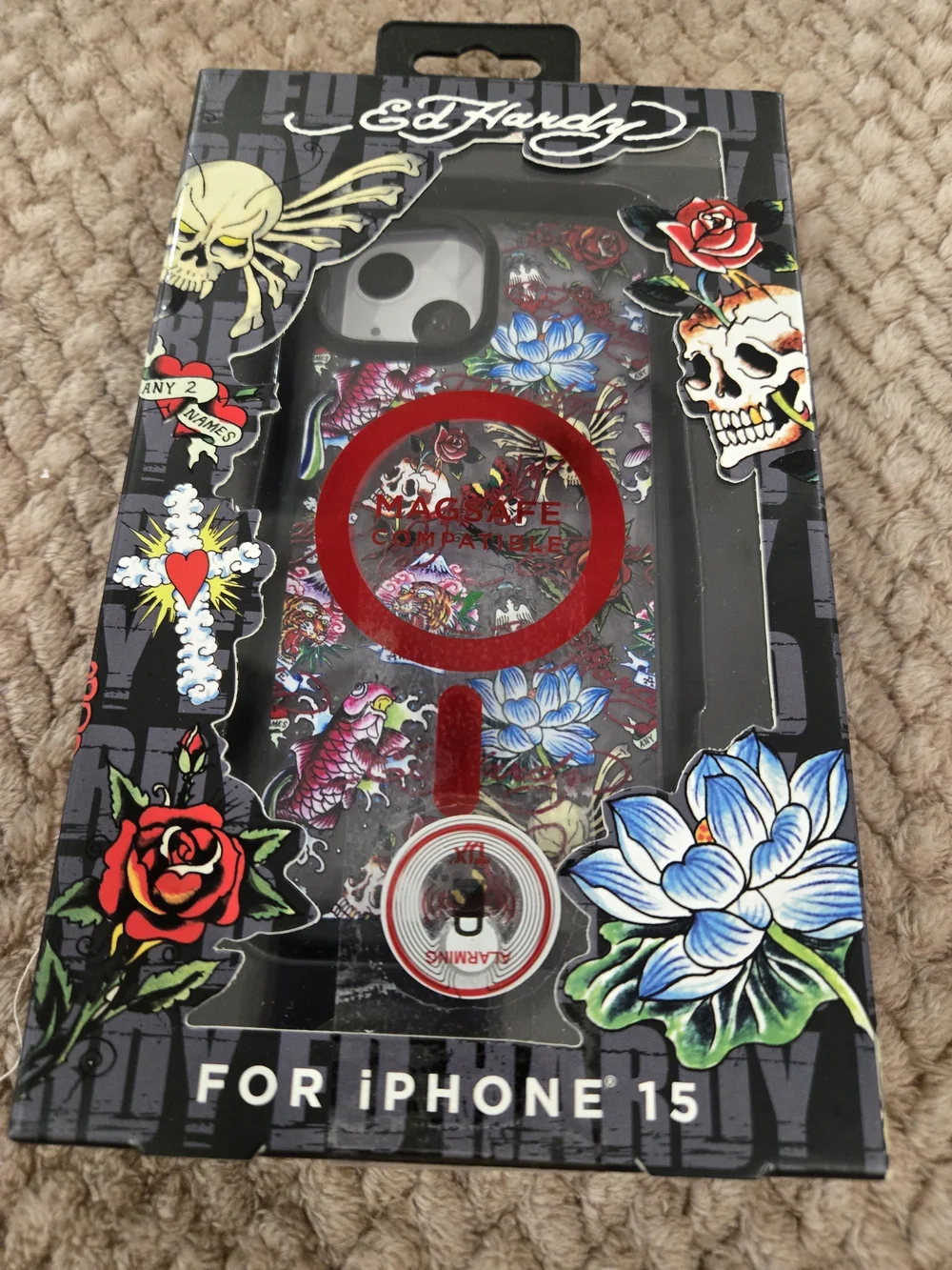 Ed Hardy iPhone 15 Floral Tattoo MagSafe Case - Red Accents